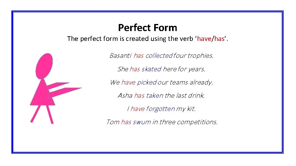 Perfect Form The perfect form is created using the verb ‘have/has’. Basanti has collected