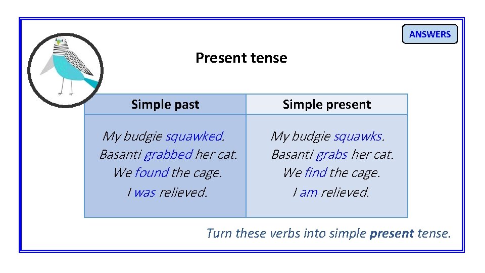 ANSWERS Present tense Simple past Simple present My budgie squawked. Basanti grabbed her cat.
