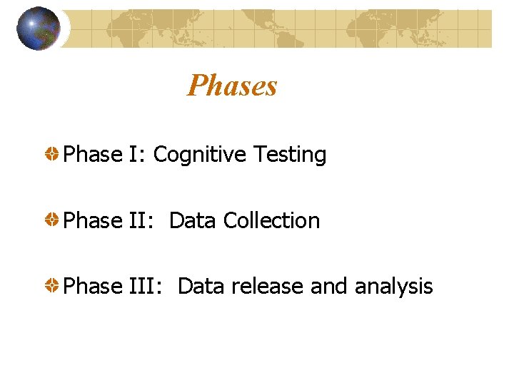 Phases Phase I: Cognitive Testing Phase II: Data Collection Phase III: Data release and