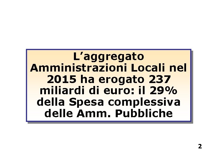 L’aggregato Amministrazioni Locali nel 2015 ha erogato 237 miliardi di euro: il 29% della