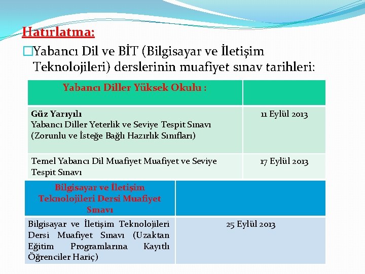 Hatırlatma: �Yabancı Dil ve BİT (Bilgisayar ve İletişim Teknolojileri) derslerinin muafiyet sınav tarihleri: Yabancı