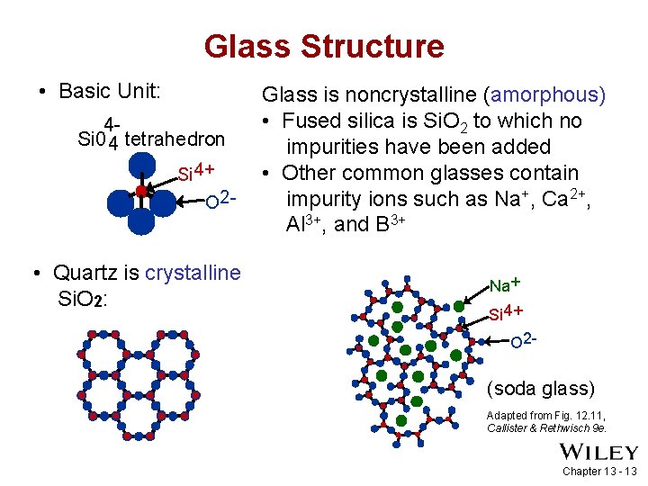 Glass Structure • Basic Unit: 4 Si 0 4 tetrahedron Si 4+ O 2
