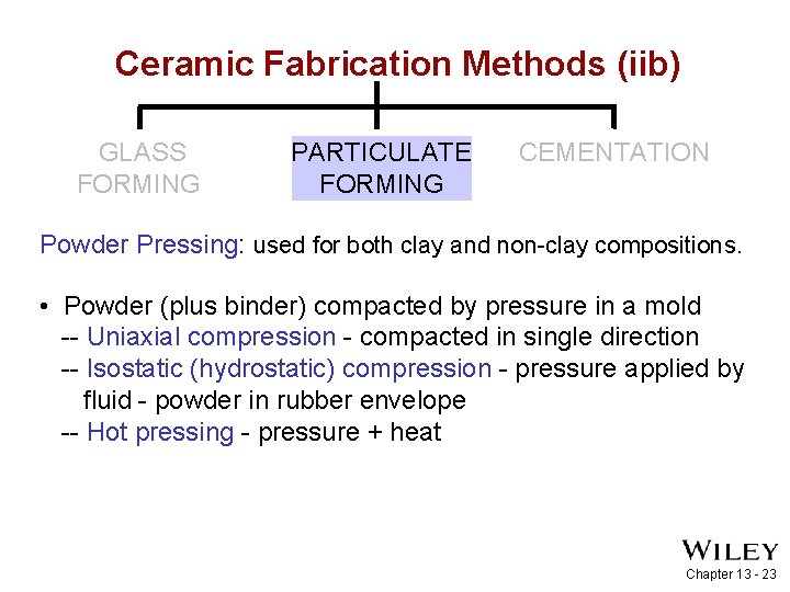 Ceramic Fabrication Methods (iib) GLASS FORMING PARTICULATE FORMING CEMENTATION Powder Pressing: used for both