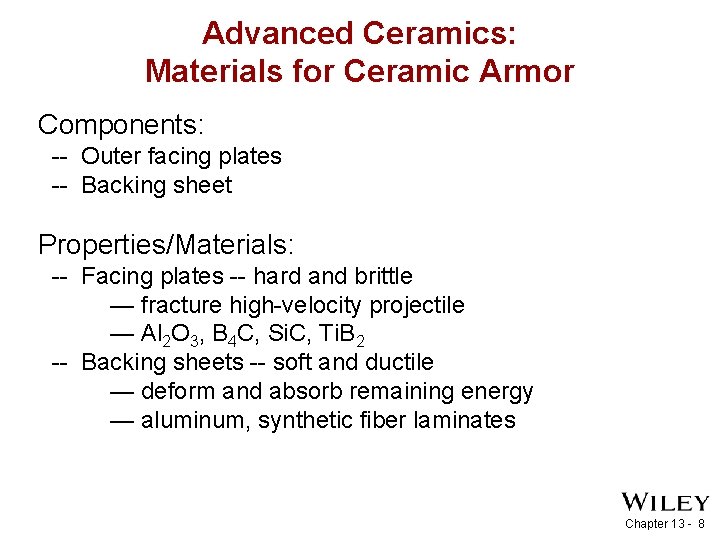 Advanced Ceramics: Materials for Ceramic Armor Components: -- Outer facing plates -- Backing sheet