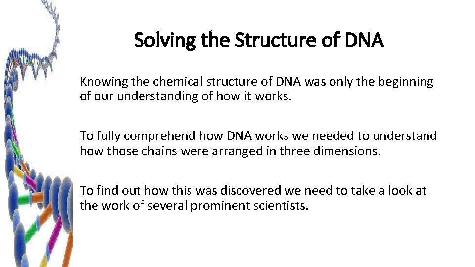 Solving the Structure of DNA Knowing the chemical structure of DNA was only the