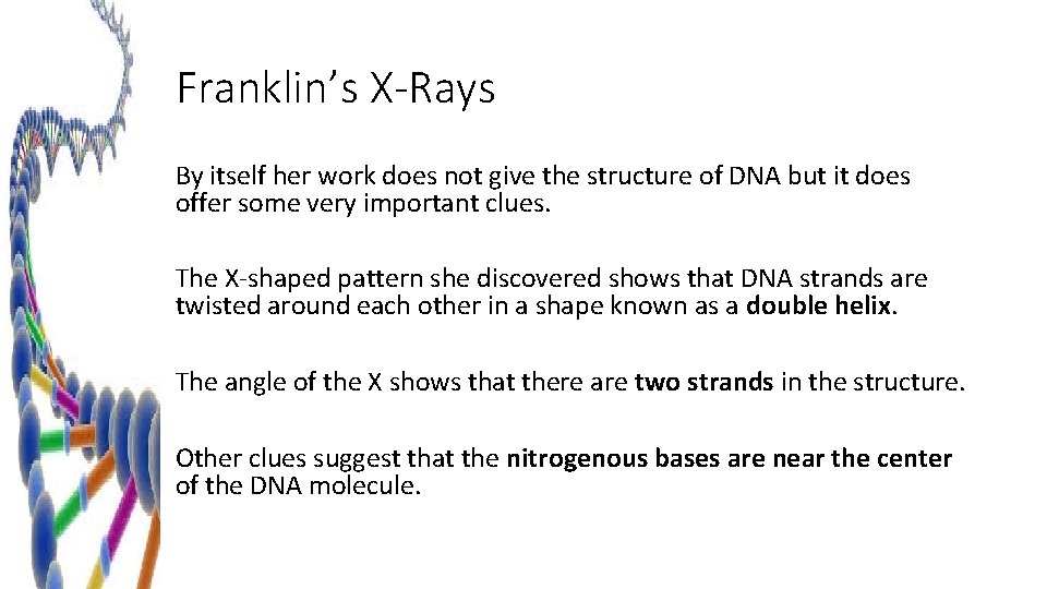 Franklin’s X-Rays By itself her work does not give the structure of DNA but