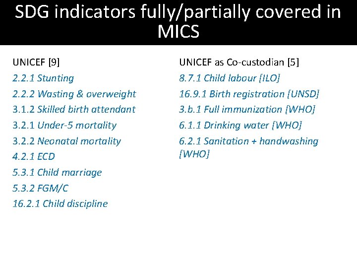 SDG indicators fully/partially covered in MICS UNICEF [9] 2. 2. 1 Stunting 2. 2.