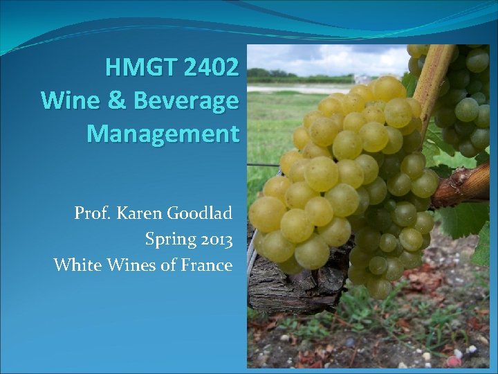 HMGT 2402 Wine & Beverage Management Prof. Karen Goodlad Spring 2013 White Wines of