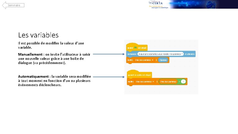 Sommaire Les variables Il est possible de modifier la valeur d’une variable. Manuellement :