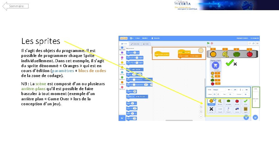 Sommaire Les sprites Il s’agit des objets du programme. Il est possible de programmer