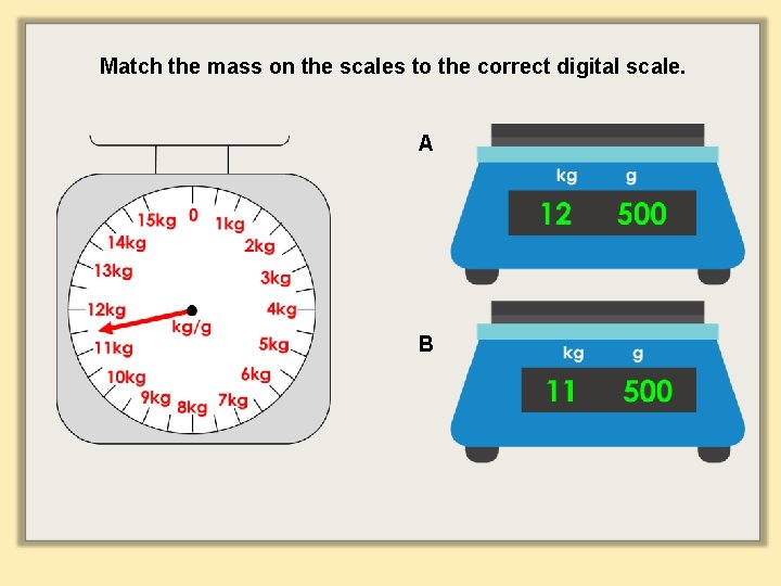 Match the mass on the scales to the correct digital scale. A B 