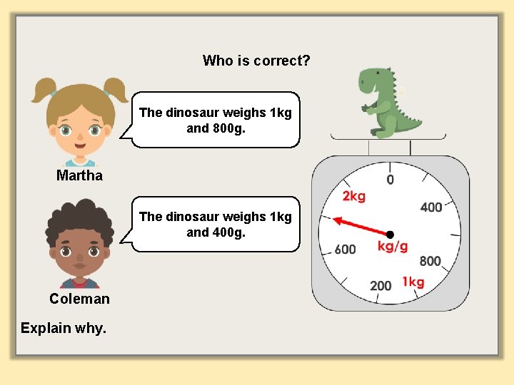 Who is correct? The dinosaur weighs 1 kg and 800 g. Martha The dinosaur