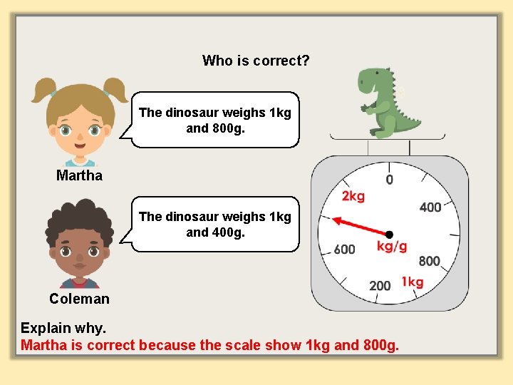 Who is correct? The dinosaur weighs 1 kg and 800 g. Martha The dinosaur