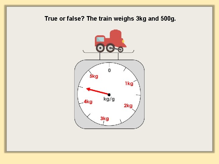 True or false? The train weighs 3 kg and 500 g. 