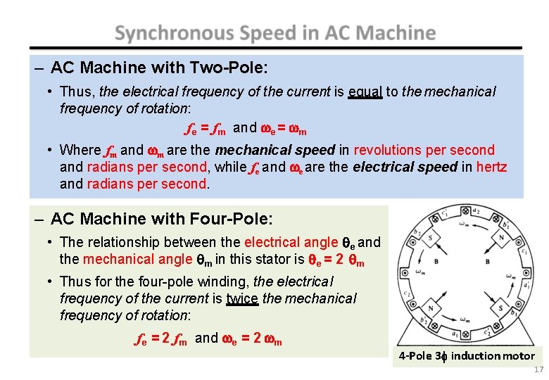 – AC Machine with Two-Pole: • Thus, the electrical frequency of the current is