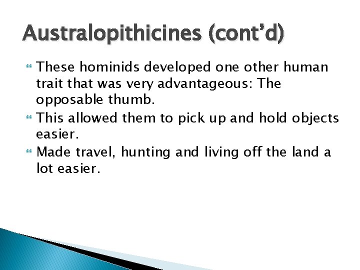 Australopithicines (cont’d) These hominids developed one other human trait that was very advantageous: The