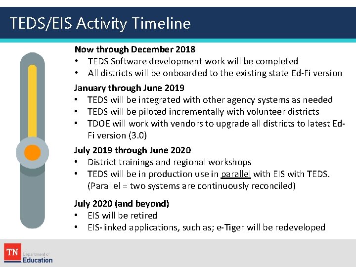 TEDS/EIS Activity Timeline Now through December 2018 • TEDS Software development work will be