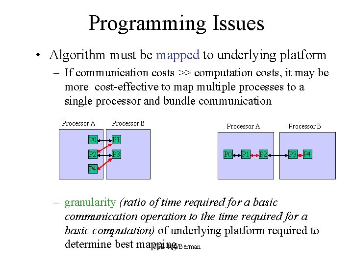 Programming Issues • Algorithm must be mapped to underlying platform – If communication costs