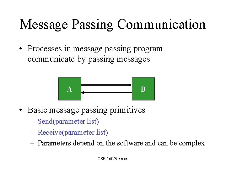 Message Passing Communication • Processes in message passing program communicate by passing messages A