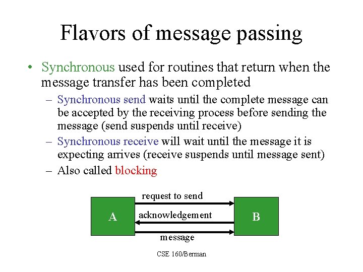 Flavors of message passing • Synchronous used for routines that return when the message