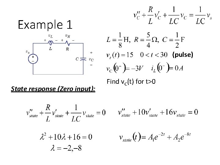 Example 1 (pulse) State response (Zero input): Find v. C(t) for t>0 