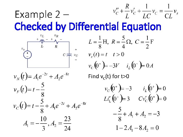 Example 2 – Checked by Differential Equation Find v. C(t) for t>0 