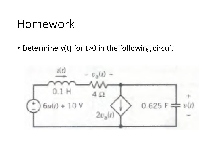 Homework • Determine v(t) for t>0 in the following circuit 