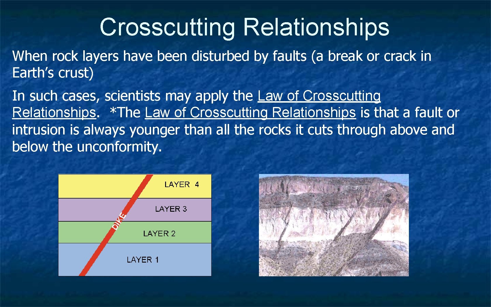 Crosscutting Relationships When rock layers have been disturbed by faults (a break or crack
