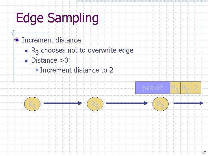 Edge Sampling Increment distance n R chooses not to overwrite edge 3 n Distance