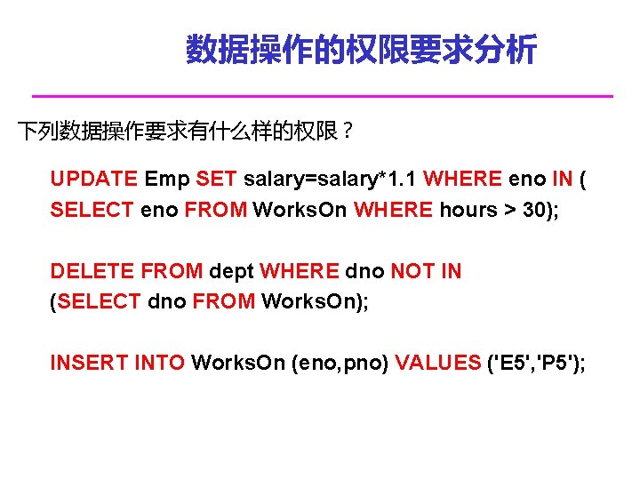 数据操作的权限要求分析 下列数据操作要求有什么样的权限？ UPDATE Emp SET salary=salary*1. 1 WHERE eno IN ( SELECT eno FROM