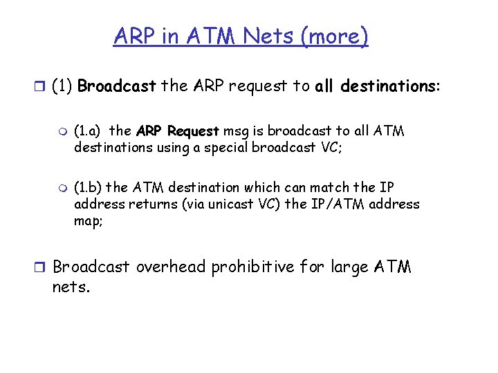 ARP in ATM Nets (more) r (1) Broadcast the ARP request to all destinations: