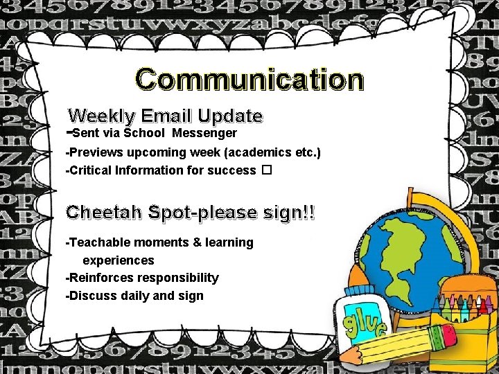 Communication Weekly Email Update -Sent via School Messenger -Previews upcoming week (academics etc. )