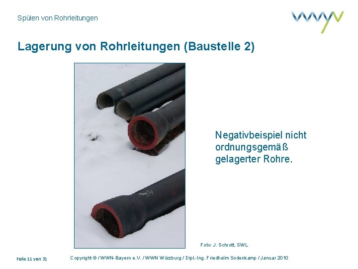 Spülen von Rohrleitungen Lagerung von Rohrleitungen (Baustelle 2) Negativbeispiel nicht ordnungsgemäß gelagerter Rohre. Foto: