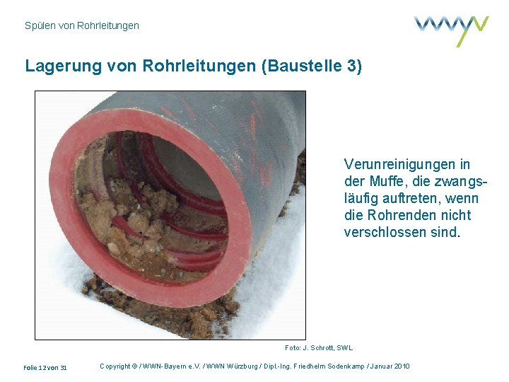 Spülen von Rohrleitungen Lagerung von Rohrleitungen (Baustelle 3) Verunreinigungen in der Muffe, die zwangsläufig