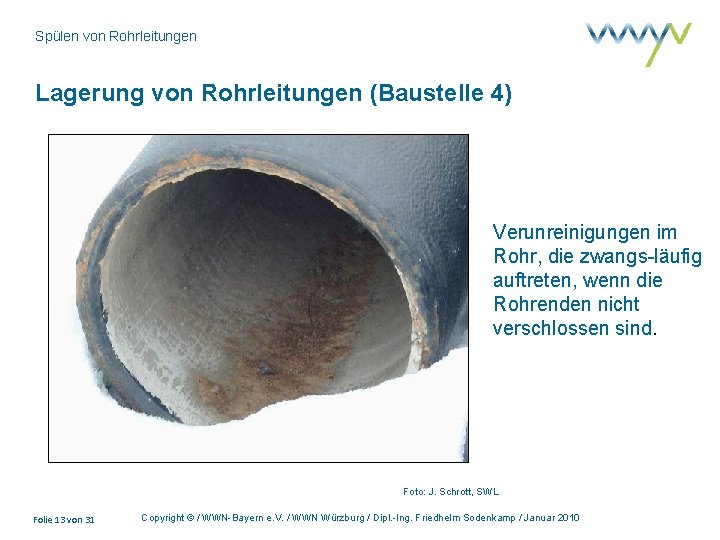 Spülen von Rohrleitungen Lagerung von Rohrleitungen (Baustelle 4) Verunreinigungen im Rohr, die zwangs-läufig auftreten,