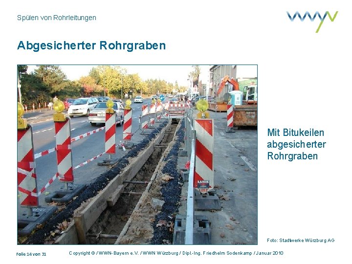 Spülen von Rohrleitungen Abgesicherter Rohrgraben Mit Bitukeilen abgesicherter Rohrgraben Foto: Stadtwerke Würzburg AG Folie