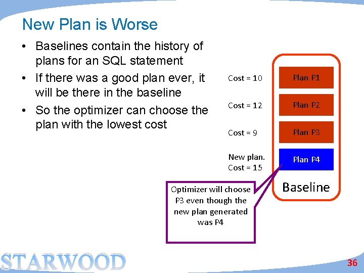 New Plan is Worse • Baselines contain the history of plans for an SQL