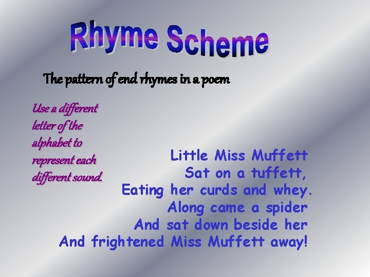The pattern of end rhymes in a poem Use a different letter of the