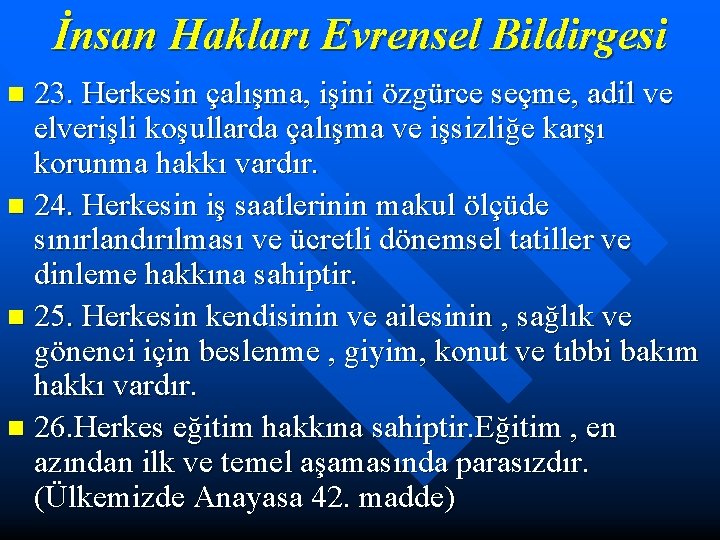 İnsan Hakları Evrensel Bildirgesi 23. Herkesin çalışma, işini özgürce seçme, adil ve elverişli koşullarda