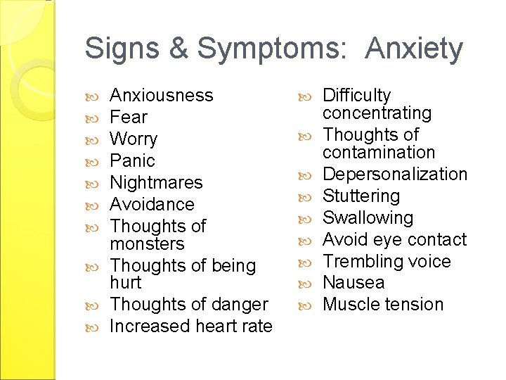 Signs & Symptoms: Anxiety Anxiousness Fear Worry Panic Nightmares Avoidance Thoughts of monsters Thoughts