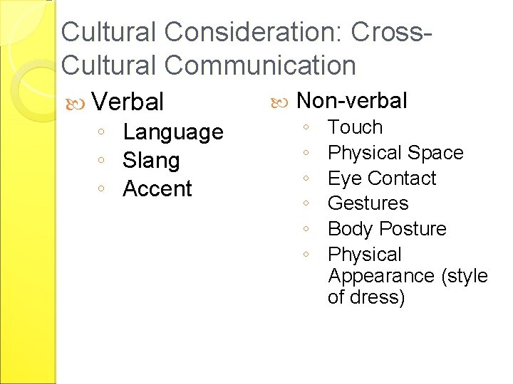 Cultural Consideration: Cross. Cultural Communication Verbal ◦ Language ◦ Slang ◦ Accent Non-verbal ◦