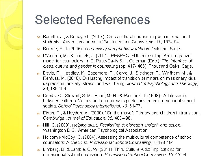 Selected References Barletta, J. , & Kobayashi (2007). Cross-cultural counselling with international students. Australian