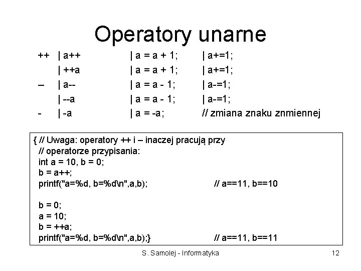 Operatory unarne ++ | a++ | ++a -- | a-| --a | a =