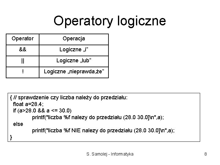 Operatory logiczne Operator Operacja && Logiczne „i” || Logiczne „lub” ! Logiczne „nieprawda, że”