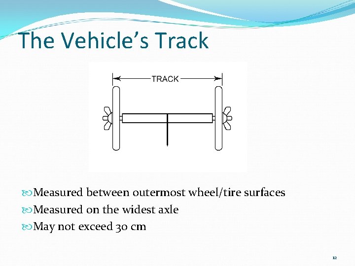 The Vehicle’s Track Measured between outermost wheel/tire surfaces Measured on the widest axle May