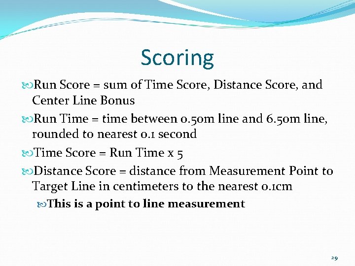 Scoring Run Score = sum of Time Score, Distance Score, and Center Line Bonus