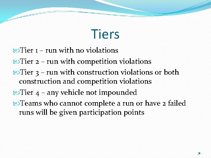 Tiers Tier 1 – run with no violations Tier 2 – run with competition