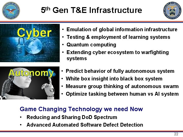 5 th Gen T&E Infrastructure Cyber Autonomy • • Emulation of global information infrastructure