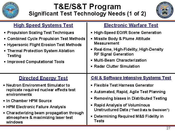 T&E/S&T Program Significant Test Technology Needs (1 of 2) High Speed Systems Test Electronic
