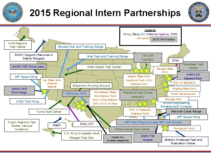 2015 Regional Intern Partnerships Legend: Army, Navy, AF, Defense Agency, OSD University Partners 2015
